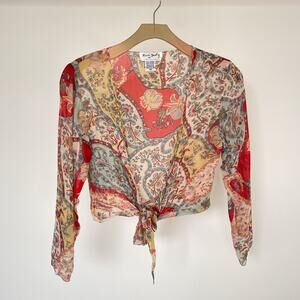 Vintage 90s Y2K Sheer Beaded Paisley Open Tied Top / Sz M / Boho Hippie Crop